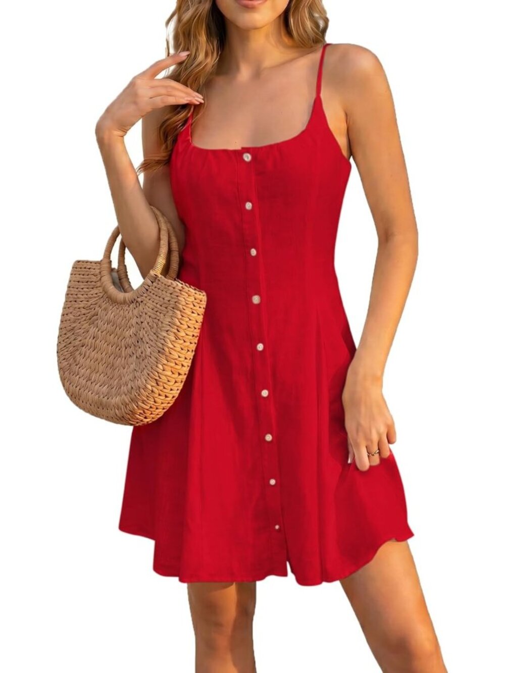 Chic A-Line Mini Dress with Spaghetti Straps, Square Neck & Button Down Design